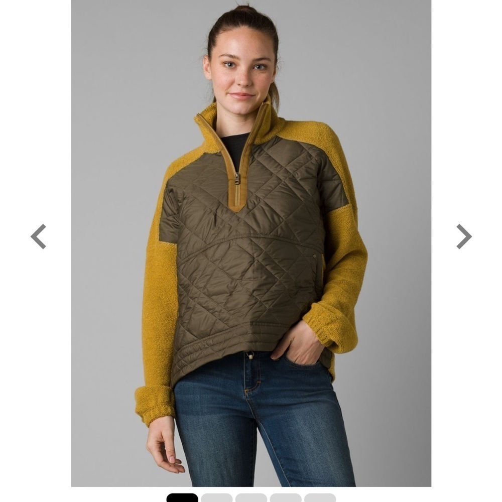 Prana yellow Glen Ivy pullover 1/4 zip quilted center two zip pockets fleece